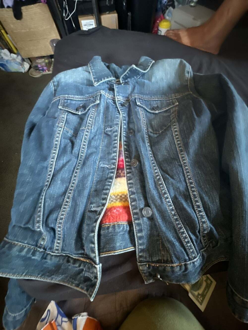 Gap Stretch Denim Trucker Jacket with Colorful Patterned Fleece Lining